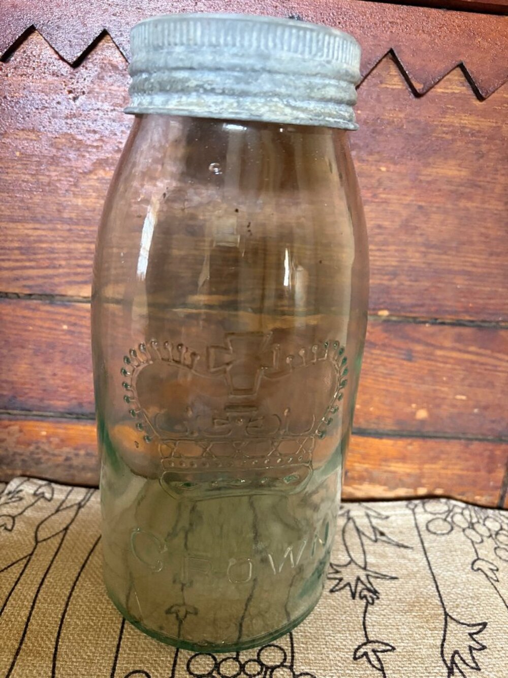 Beautiful Vintage Crown Mason Jar with Embossed Crown Design and Zinc Lid.